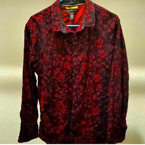 Black/Burgundy Rose Print Button Up